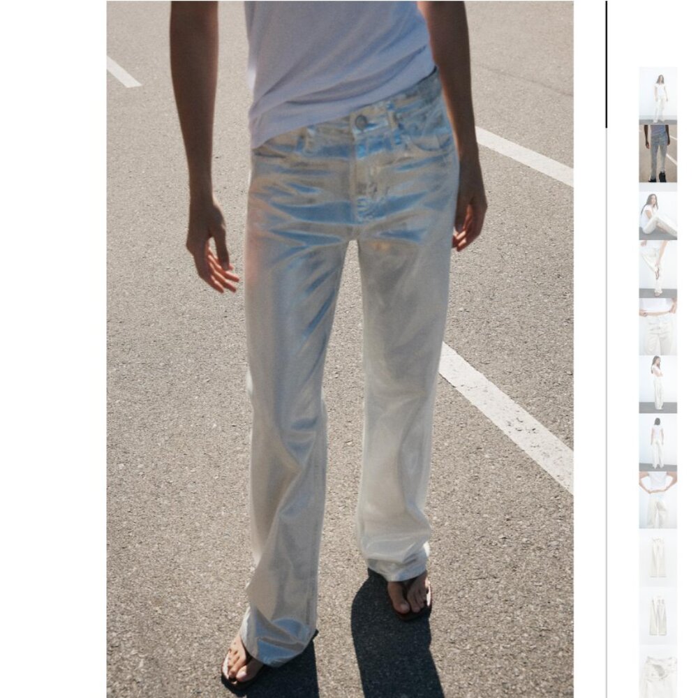 NWT ZARA LOOSE FOIL JEANS SILVER